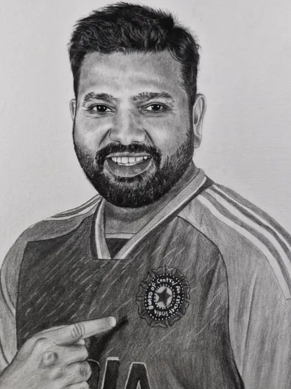 A portrait of Indian cricket champion Rohit Sharma, pointing to the team logo with pride. A perfect piece for any cricket fan.