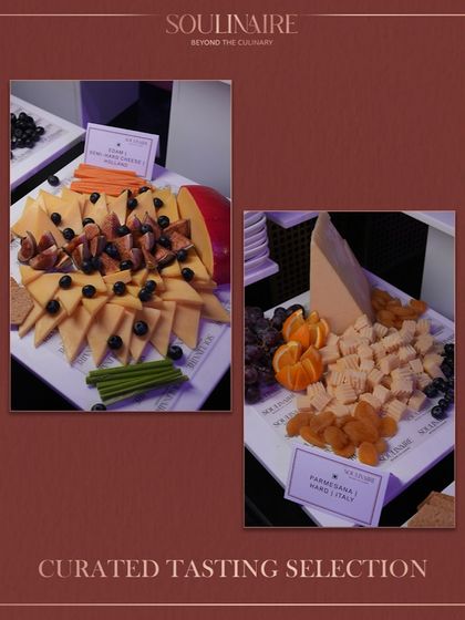 A curated tasting selection of fine cheeses, including Parmesan and Edam, served with fresh fruits and nuts. Our cheese boards are a sophisticated addition to any event.