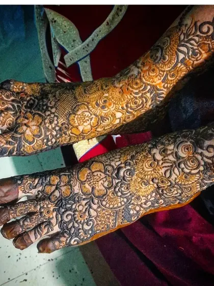 Your bridal look isn't complete without mehendi on your feet. Here is an example of my intricate floral and paisley work, showing how the design creates a beautiful pattern from ankle to toe.