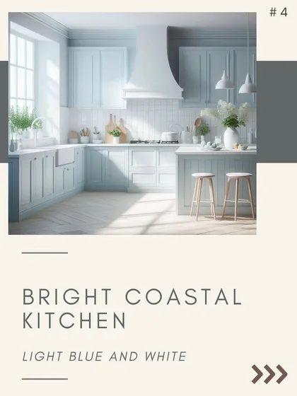 For a bright, coastal kitchen, I love using light blue and white. This airy combination makes the space feel open and clean, reminiscent of a seaside cottage.