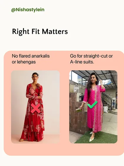 The right fit matters. Avoid flared anarkalis or lehengas at work. Go for straight-cut or A-line suits that offer a more structured and professional silhouette.