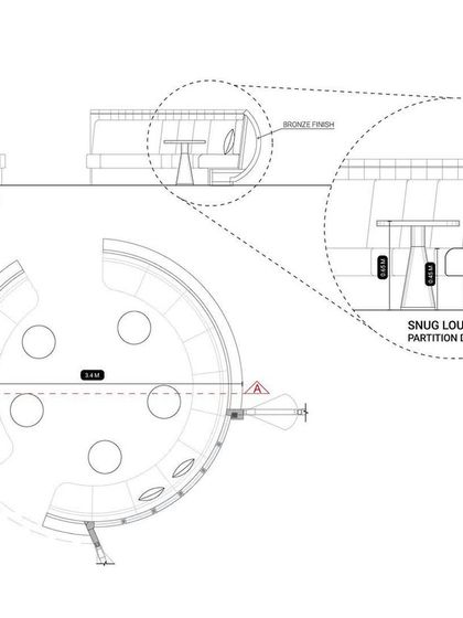 Orthographic drawings for the 'Snug Lounge' at the 080 Lounge. These detailed plans and sections illustrate the construction of the round, intimate banquette seating designed to be a cozy nook.