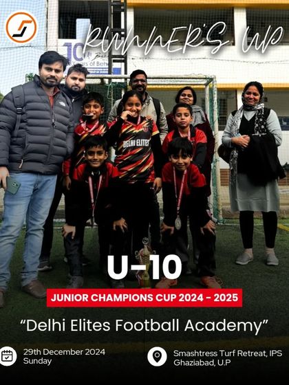 A proud moment for our U-10 runners-up team at the Junior Champions Cup, posing with their medals and trophy.