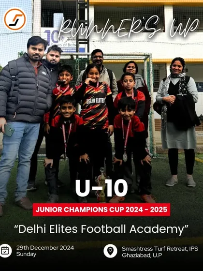 A proud moment for our U-10 runners-up team at the Junior Champions Cup, posing with their medals and trophy.