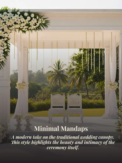 An example of "Minimal Mandaps." This modern style uses clean lines, simple drapes, and a stunning natural backdrop to create an intimate and beautiful ceremony space.