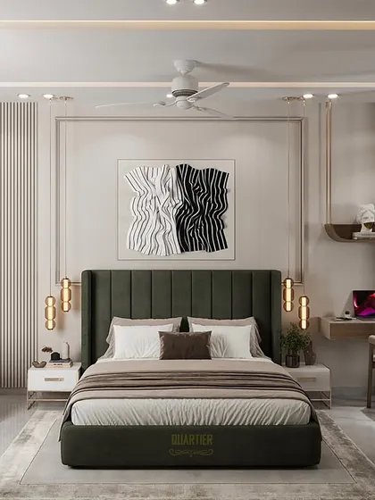 This master bedroom render showcases a design with a dark green upholstered headboard and a floating workstation. The use of fluted panels and classic molding adds texture and a touch of European charm.