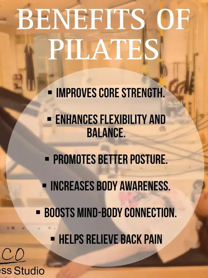 A quick look at the many benefits of Pilates. From improved core strength and flexibility to back pain relief and stress reduction, it's a complete mind-body workout.