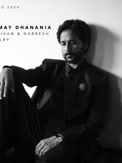 Actor Tanmay Dhanania wearing the Numisma Star Burst Brooch at the Cannes Film Festival. A brooch is a fantastic way for a man to add a point of interest and personality to a classic black suit.