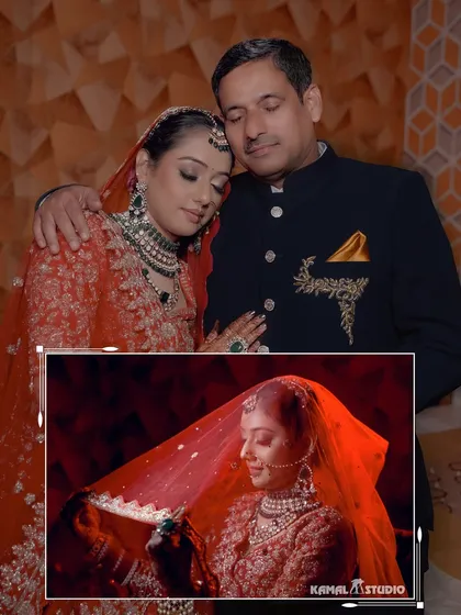 An emotional portrait of the bride with her father, and a solo shot of her under the veil, capturing a poignant moment.