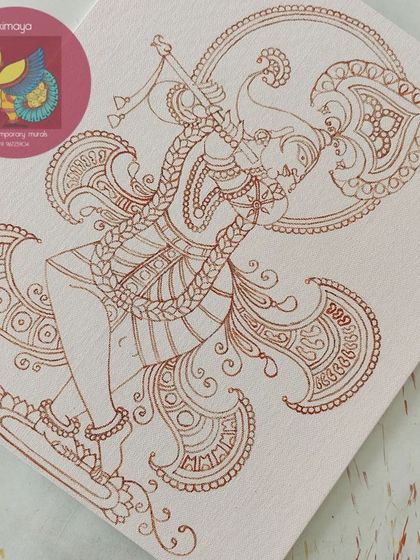 The clean brown outline of the Venugopala painting, ready for the first layer of color.