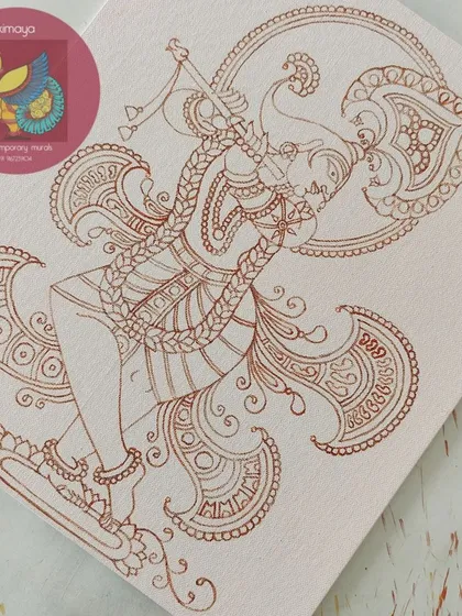 The clean brown outline of the Venugopala painting, ready for the first layer of color.
