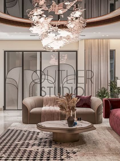We elevate luxury and comfort in this exquisite living room. A stunning curved glass ceiling floods the room with light, while the TV unit's curved paneling and rich material palette create a fluid, integrated design.