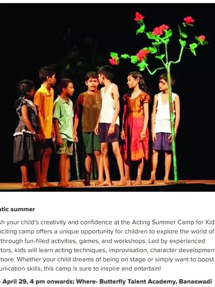 A group of our young actors completely absorbed in a scene on stage. Our classes focus on giving children real performance experience, helping them build confidence and teamwork skills under the bright lights.