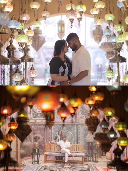 We transformed a film set into a magical Moroccan dreamscape for this couple. Surrounded by hundreds of glowing Turkish lamps, we created an atmosphere of pure enchantment. This shoot highlights my love for creating highly stylized, thematic concepts that transport you to another world.