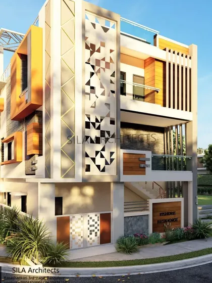 This is a 3D visualization of an elegant and modern duplex home we designed for a client in Chintamani. The design features a dynamic facade with geometric patterns, wood-finish accents, and a rooftop pergola, showcasing our ability to create unique and stylish residential elevations.