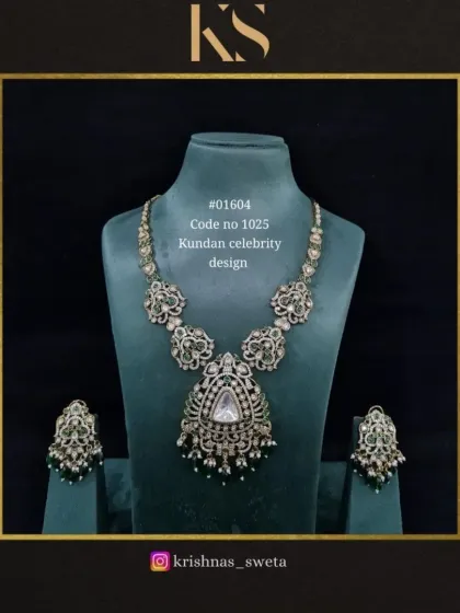 This Kundan celebrity design set with green bead drops is another beautiful variation. The intricate work and classic silhouette make it a timeless piece.