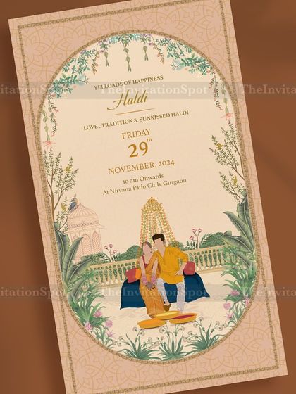 Unveil the magic of tradition with this Haldi e-invite. The design features a beautiful caricature of the couple enjoying their Haldi ceremony in a serene, palace-like setting with lush greenery.