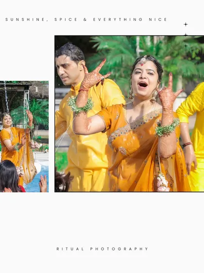 "Sunshine, spice & everything nice." A fun, candid shot of the bride with her henna-adorned hands up, enjoying the playful chaos of her Haldi.