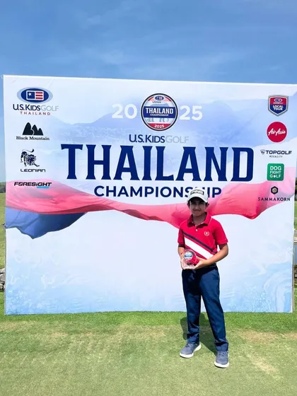 Vedaansh Jain with his trophy after finishing 4th at the US Kids Thailand Championship, held at the world-renowned Black Mountain Golf Club.