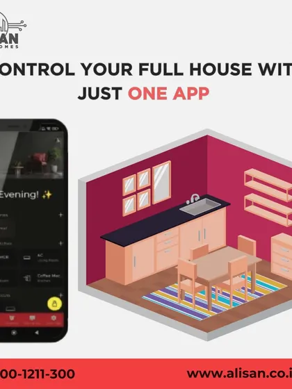 Control your full house with just one app. This graphic illustrates how our mobile application serves as the central hub for every room in your home, from the kitchen to the bedroom.