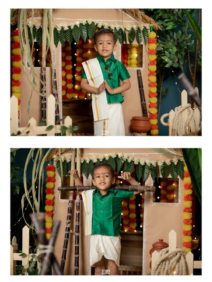 Another handsome little boy celebrating the Pongal festival. Dressed in a traditional veshti and shirt, he gives a respectful 'vanakkam' in our colorful and detailed festive setup.