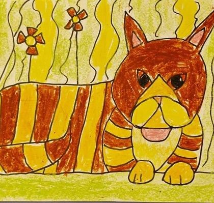 This striped cat has a whimsical, illustrative quality, set against a background of simple, charming flowers.