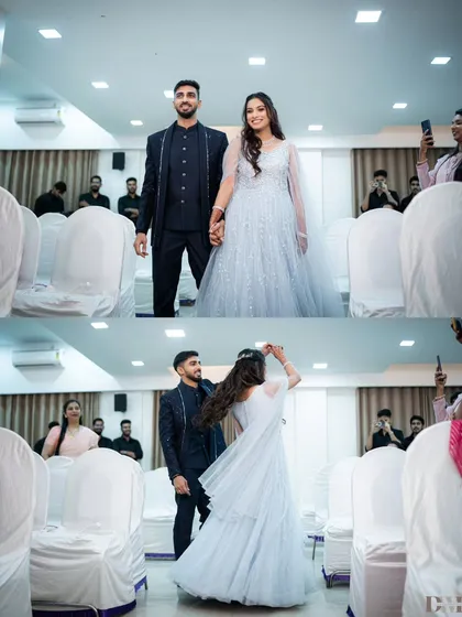 A collage showing the couple's grand entrance and a joyful twirl down the aisle at their engagement ceremony. It captures the energy and celebration of the moment.