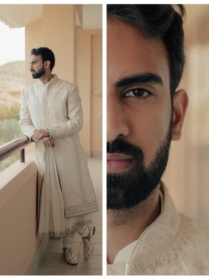 A handsome portrait of the groom, looking calm and ready for his big day.