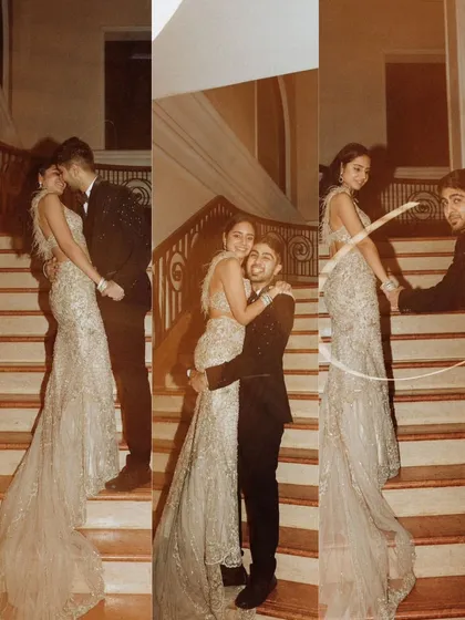 A collage showing the playful and romantic moments from Anmol and Bhavishya's shoot. From a shared kiss to a candid glance, these images capture the dynamic of their relationship with an editorial flair.