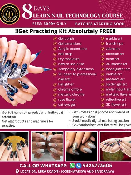 My 8-day Nail Technology Course is a fast-track option for intensive learning. This flyer shows the comprehensive curriculum, covering everything from gel polish and extensions to 20 different professional nail arts like marble, zebra, and 3D flower art.