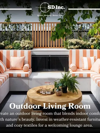 A tip for creating a stunning backyard oasis. This image shows an outdoor living room with weather-resistant furniture, demonstrating how to blend indoor comfort with nature's beauty.
