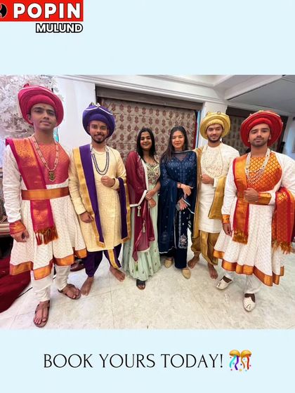 The whole squad looking regal in traditional Maharashtrian Peshwai attire for the groomsmen and elegant ethnic wear for the ladies. I can dress your entire wedding party.