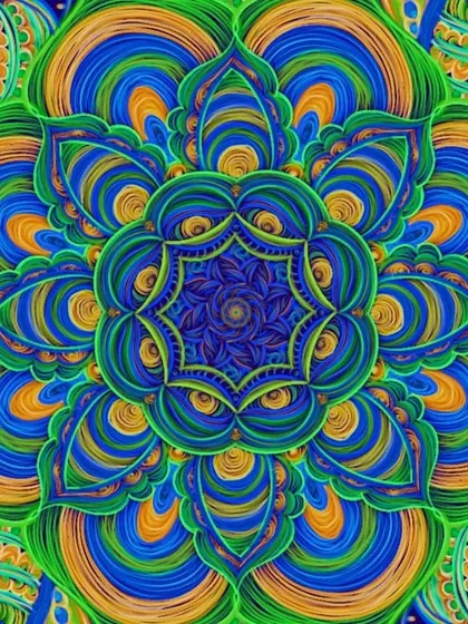 A mesmerizing close-up of the peacock mandala's center. The layered, brushstroke-like texture gives it a sense of depth and movement, drawing you into its vibrant core.