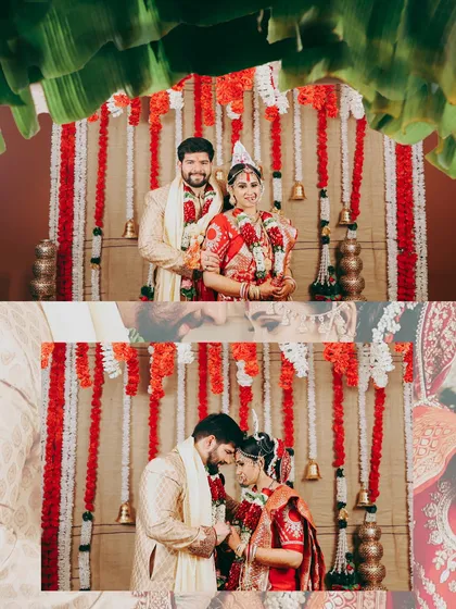 A beautiful portrait of the couple at the mandap. I use the decor elements, like the banana leaf frame, to create a culturally rich and visually appealing photograph.
