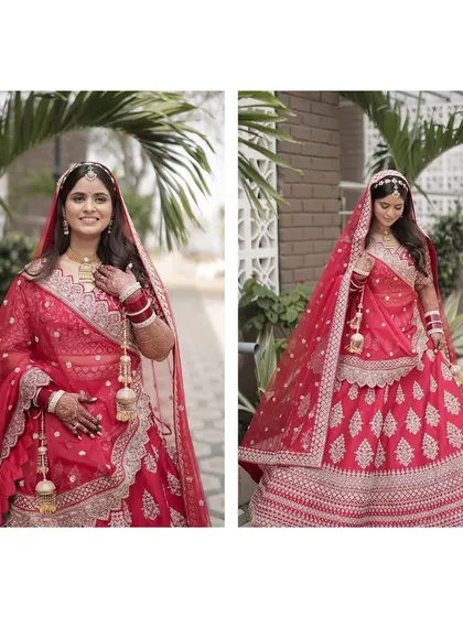 A full-length portrait of the bride, looking absolutely radiant in her red wedding lehenga. We help you feel and look your best.