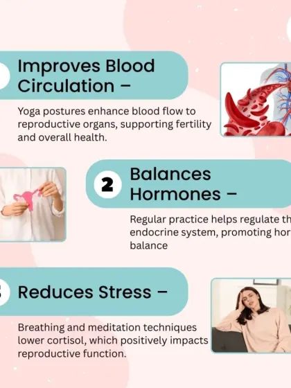 This infographic details three key ways yoga supports reproductive health: by improving blood circulation to reproductive organs, helping to balance hormones through the endocrine system, and reducing stress by lowering cortisol.