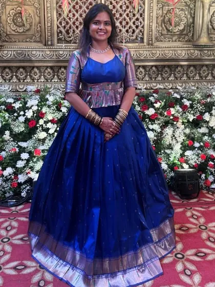 Shravya in a custom peplum blouse and lehenga set. This was a fun, last-minute creation that combines a modern peplum silhouette with a traditional silk lehenga.