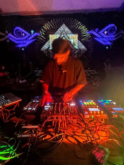 A proper bender at Vortex Goa, surrounded by incredible psychedelic decor. My setup here allows me to get really creative with my minimal and acid sounds.