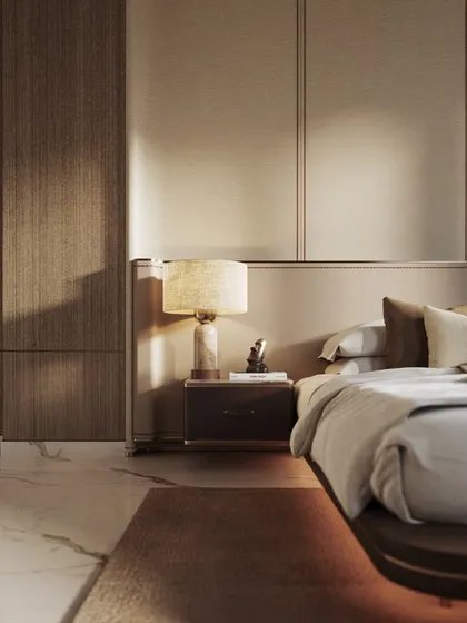 This collection of images explores a single master suite, including the main sleeping area and an integrated home office. We've rendered the space from wide angles to detailed close-ups, showcasing the cohesive design, material textures, and sophisticated lighting.