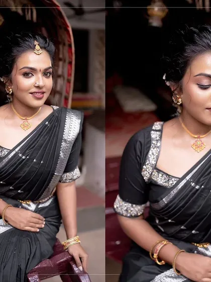 A collage of a model in a black saree. It showcases the versatility of the look, from full-length shots to close-ups.