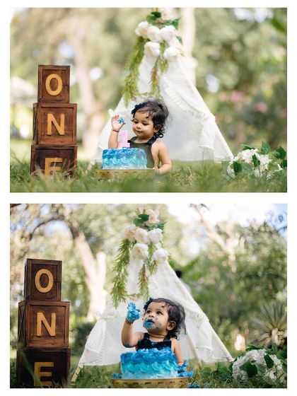A two-panel collage showing a baby girl enjoying her first birthday cake during an outdoor smash session. The images capture her tasting the frosting with curiosity and delight.