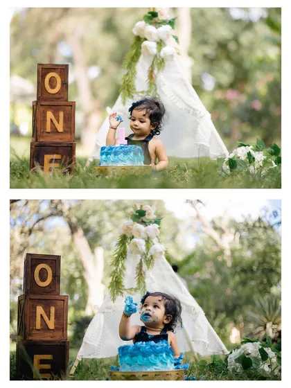 A two-panel collage showing a baby girl enjoying her first birthday cake during an outdoor smash session. The images capture her tasting the frosting with curiosity and delight.