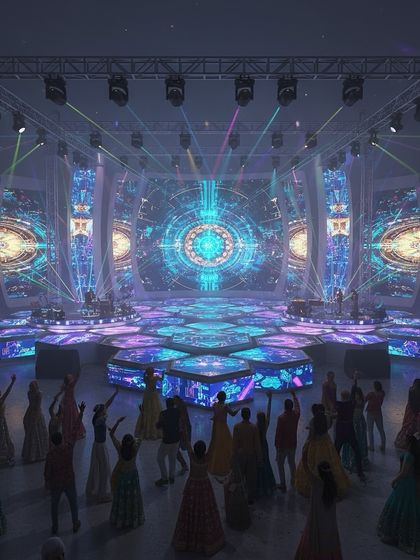 A 3D visualization of a futuristic Sangeet stage. This concept features hexagonal LED floor panels and massive screens, creating an immersive, club-like environment for a high-energy party.