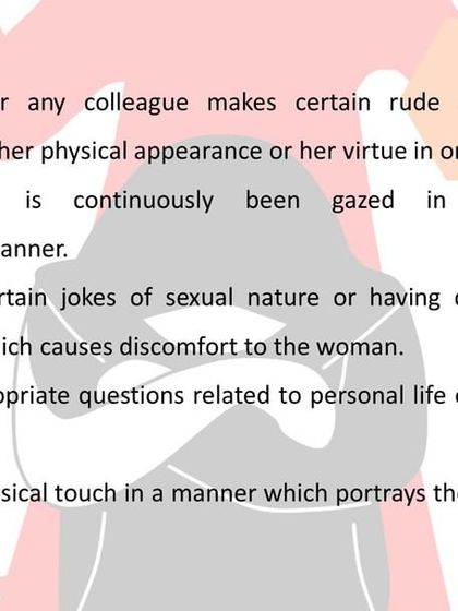 More examples of sexual harassment are detailed here, including rude comments on physical appearance, intimidating gazes, and sharing jokes with sexual innuendos. These specifics help create a clear understanding of unacceptable behavior.