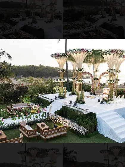 An aerial view of a spectacular sea-facing wedding setup. This shows the grand scale of the mandap, the guest seating arrangement, and how the entire design works with the natural landscape.
