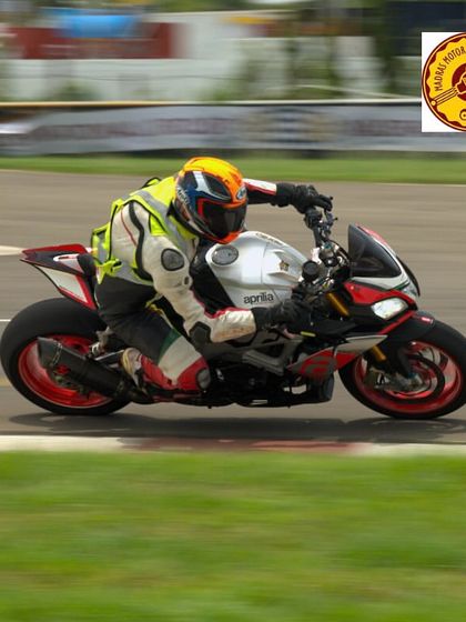 An Aprilia V4 flying down the track. We welcome riders with all kinds of motorcycles, from single-cylinder track toys to powerful V4 superbikes.
