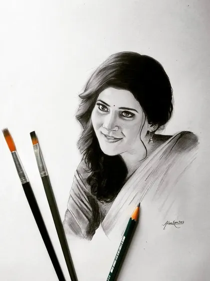 A simple and elegant graphite sketch of actress Samantha. I used brushes to blend the graphite for a soft, smooth finish on the skin.