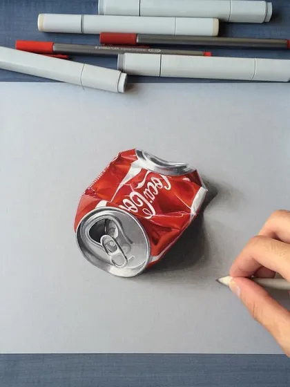 This hyper-realistic drawing of a crushed Coca-Cola can is a great example of my technical skill. Capturing the complex reflections, shadows, and texture of the metal was a fantastic challenge, done with Copic markers and colored pencils.