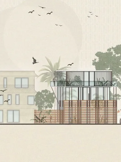 An elevation drawing of "The Sanctuary" as a lightweight, screened pavilion. This illustration communicates the material choices of timber and wooden screens and shows how the structure sits as a modern extension next to an existing home.