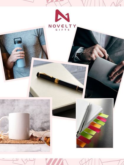 Here are my top 5 picks for corporate gifting. The collage shows a flask, a wallet, a premium pen, a classic mug, and sticky notes, all of which are popular and effective gifts.